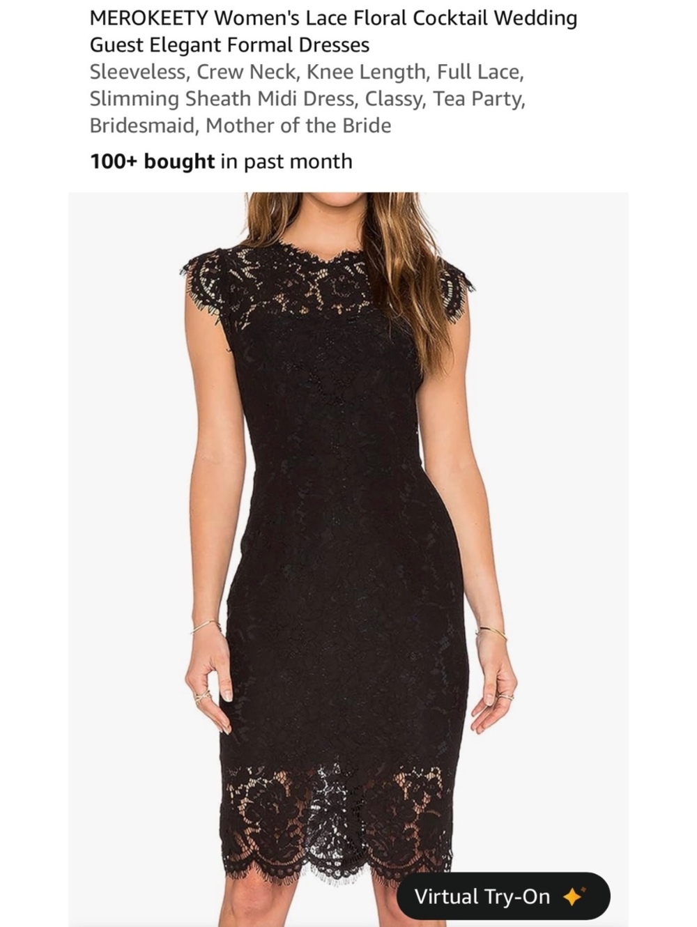 MEROKEETY Women's Black Lace Floral Cocktail Knee-Length Dress